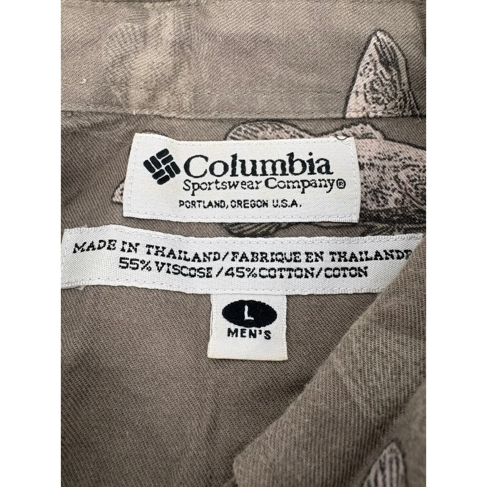Columbia Shirt Mens L Button Down Brown Fish Print Short Sleeve Viscose Cotton